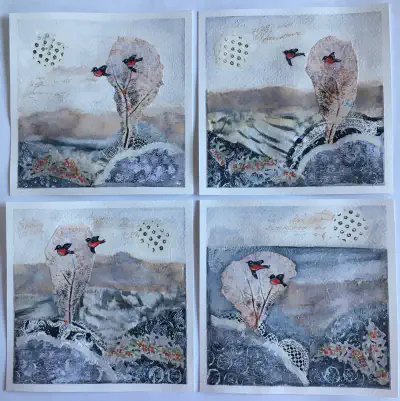 Mixed Media — Winter Bullfinches